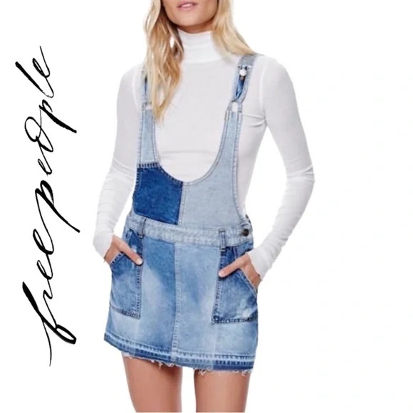 Free People Denim - Free People Boho Patchwork Blues Denim Overall Skirt Dress Jumper Sz 4